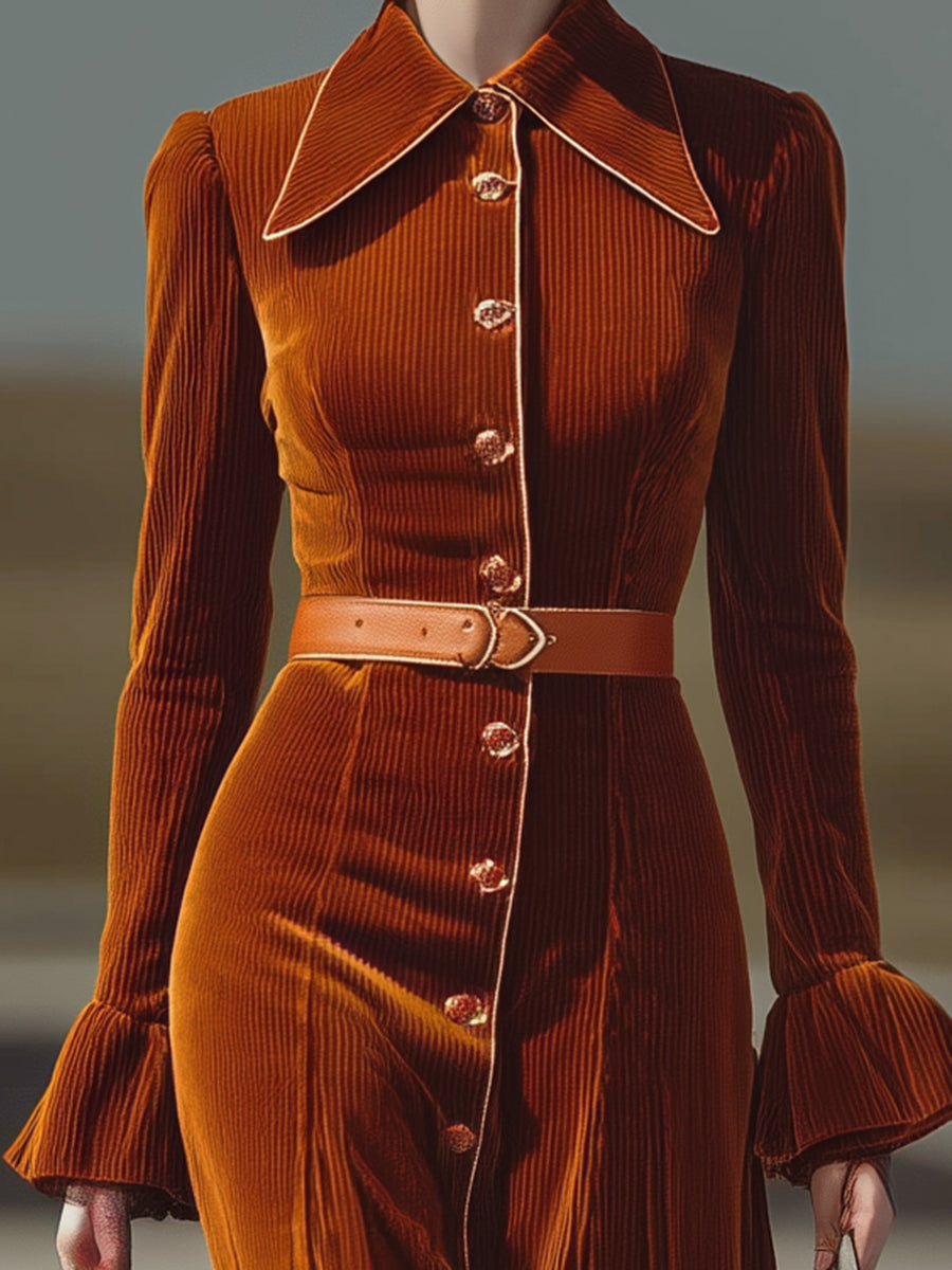Fashionable Orange Corduroy Button-down Flared Maxi Dress