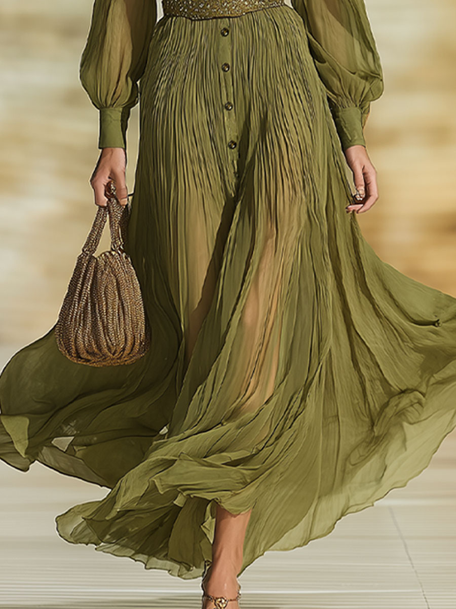Fashionable Olive Green Chiffon Pleated Long-Sleeved Maxi Dress