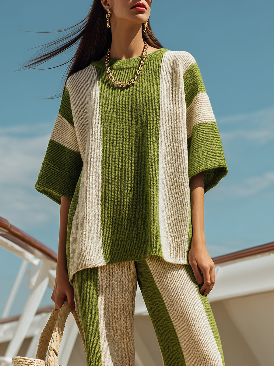 Stylish Resort-style Olive Green And White Striped Short-sleeved Top And Wide-leg Trousers Knit Set
