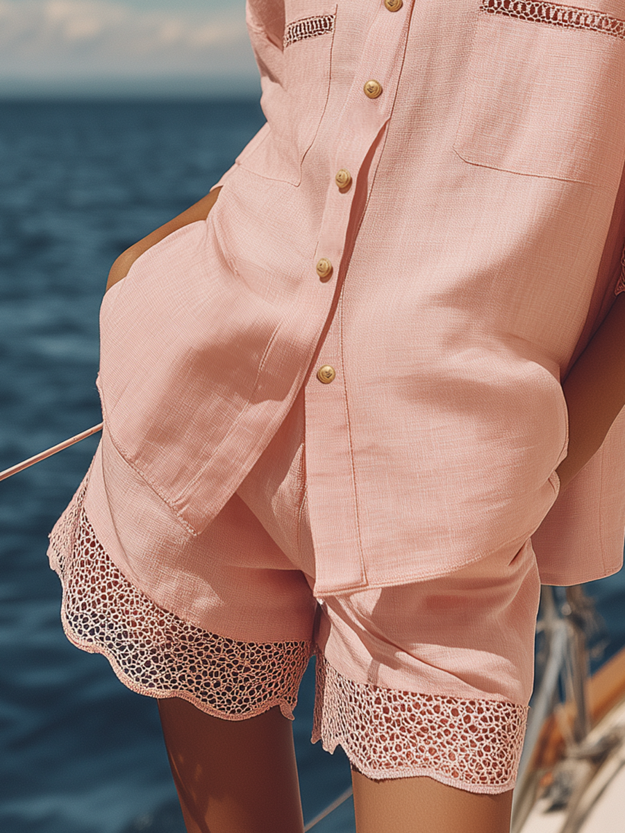 Casual Vacation Style Lace Trim Short-sleeved Cotton And Linen Shirt And Shorts Set