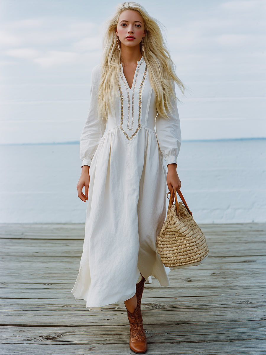 Elegant Resort-style Embroidered White Cotton And Linen Maxi Dress