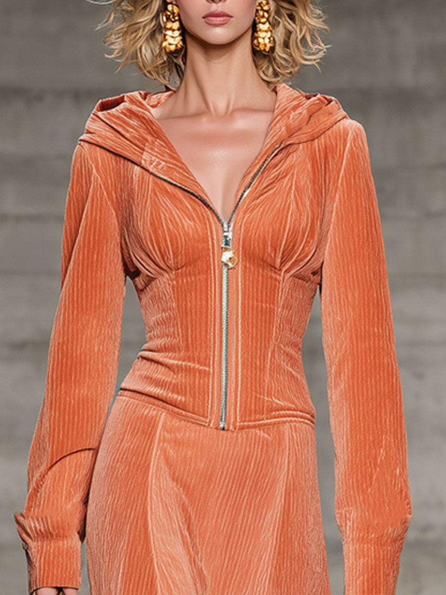 Fashion Casual Light Orange Chenille Long-Sleeved Hooded Cardigan Midi Skirt Suit