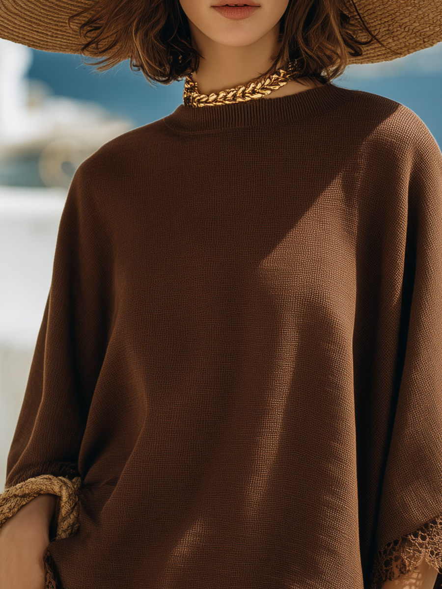 Loose And Stylish Lace Trim BrownTop