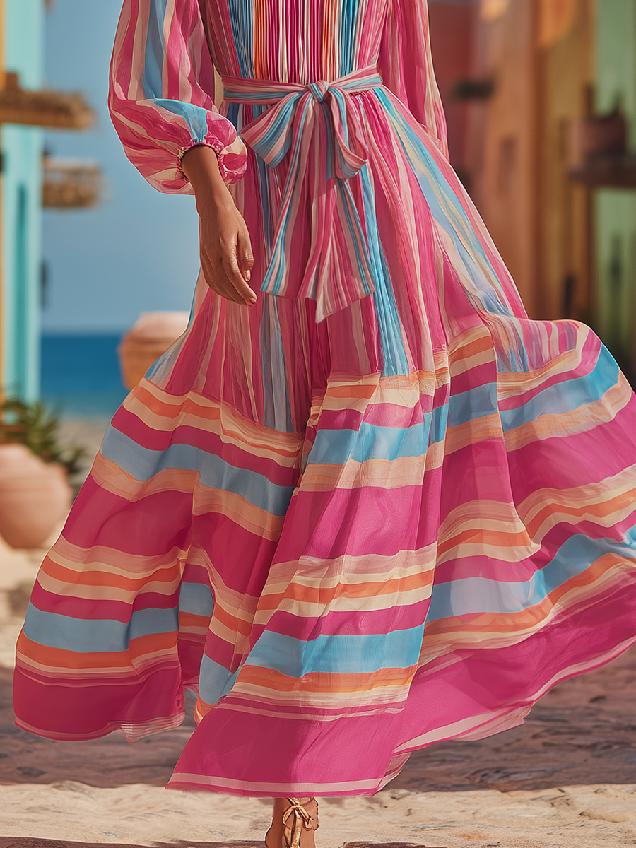 Elegant Bohemian Striped Print Chiffon Maxi Dress