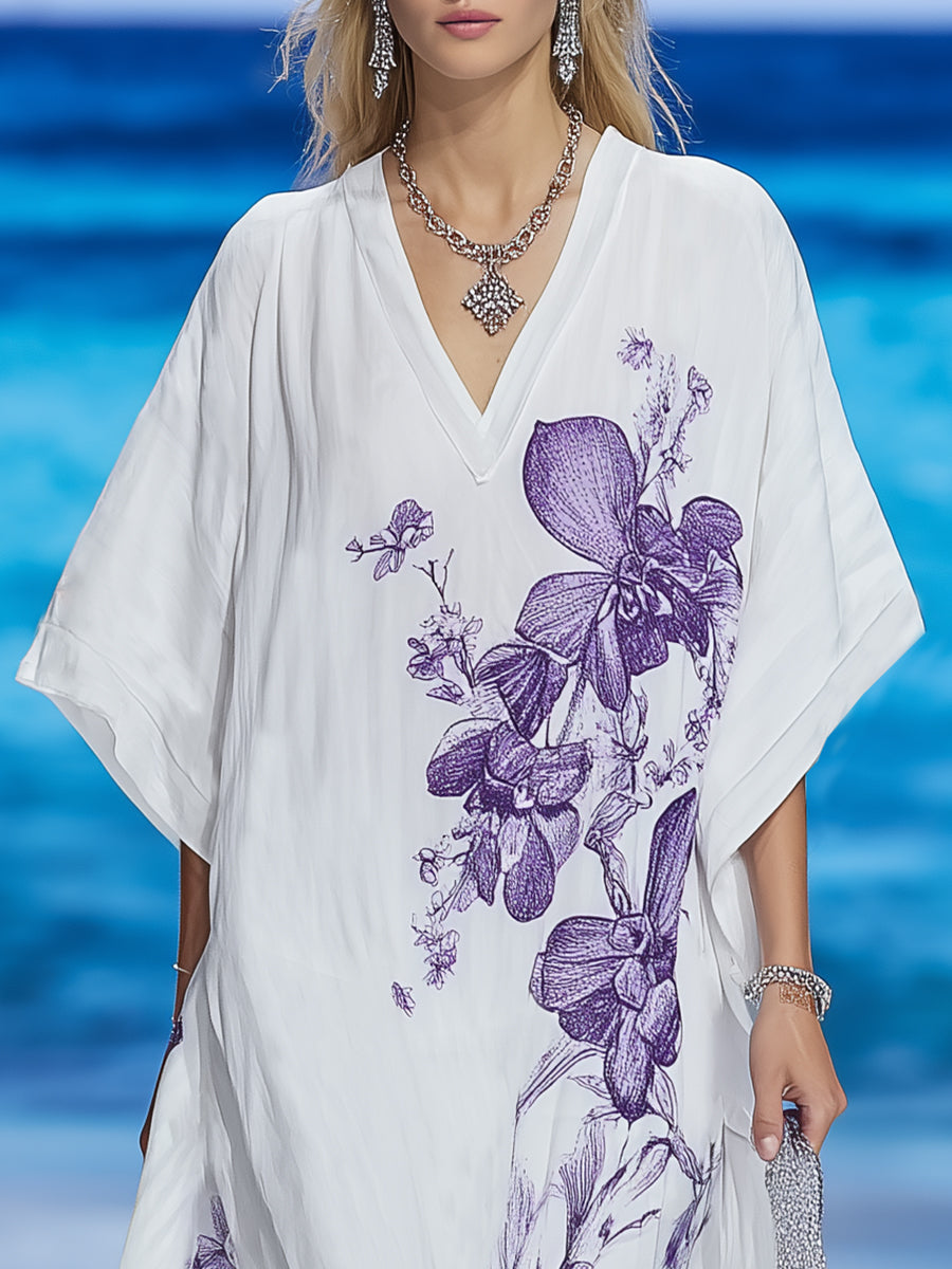 Bohemian Resort Purple Floral Print White Cotton Linen V-Neck Batwing Sleeve Maxi Dress