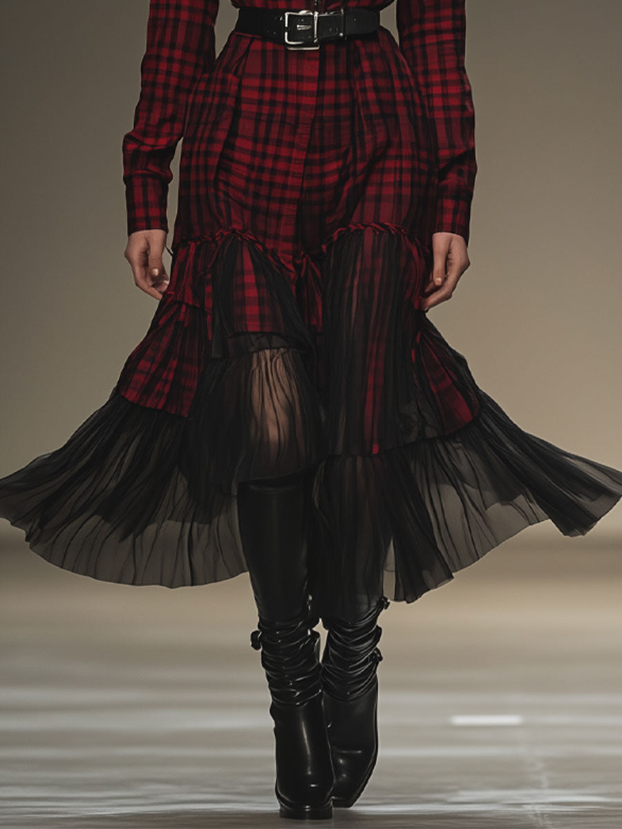 Retro Red Plaid Mesh Stitching Long-Sleeved Shirt Midi Dress