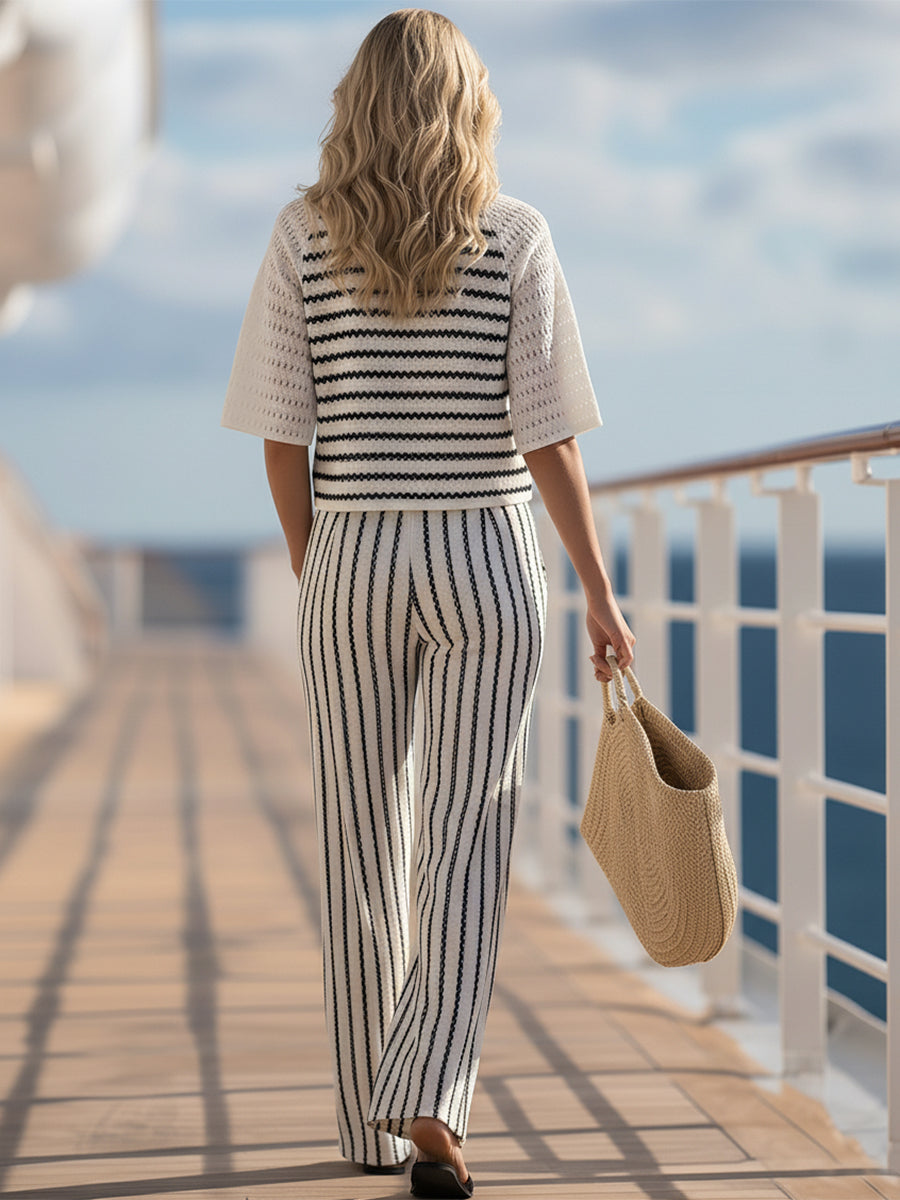 Nautical Coast Style Black And White Striped Knit Top And Wide-Leg Pants Set