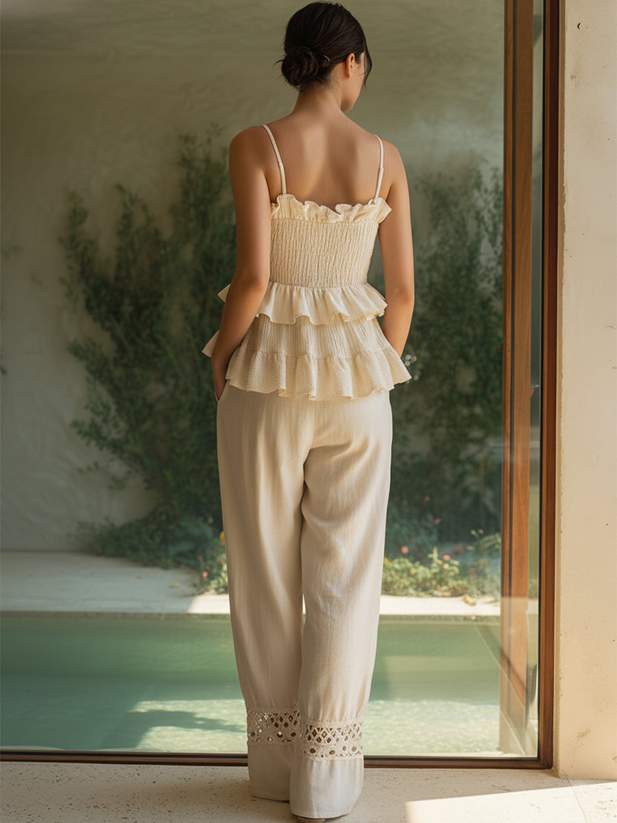 Italian Manor Off-White Cotton Linen Camisole Lace Harem Pants Set