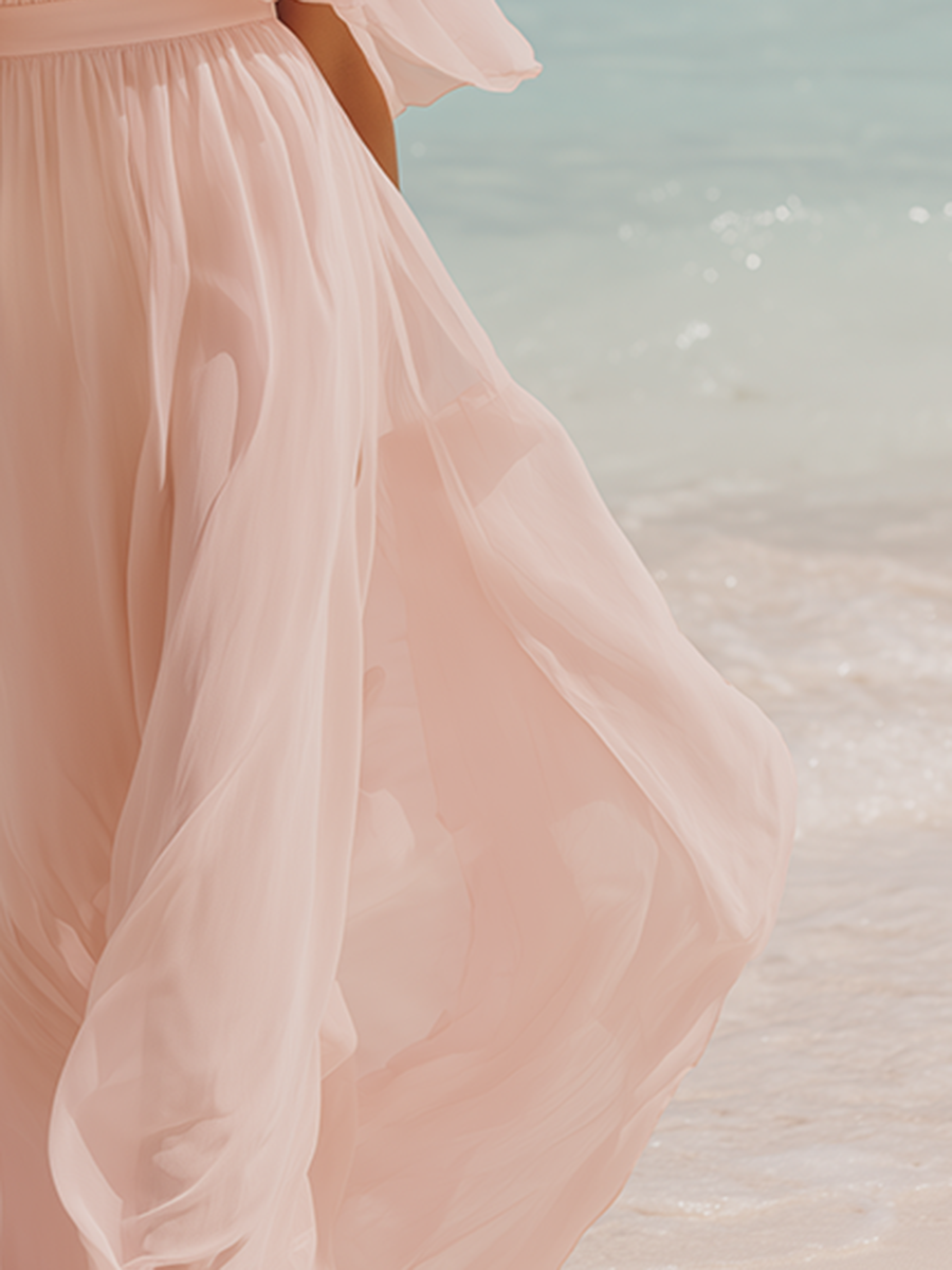 Pink Resort-style Chiffon Off-the-shoulder Short-sleeved Maxi Dress