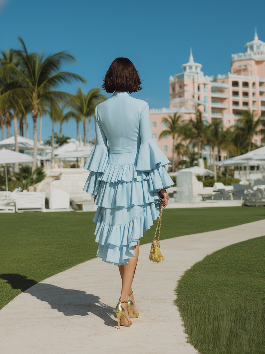 Vacation-style Blue Round-neck Cotton Midi Dress