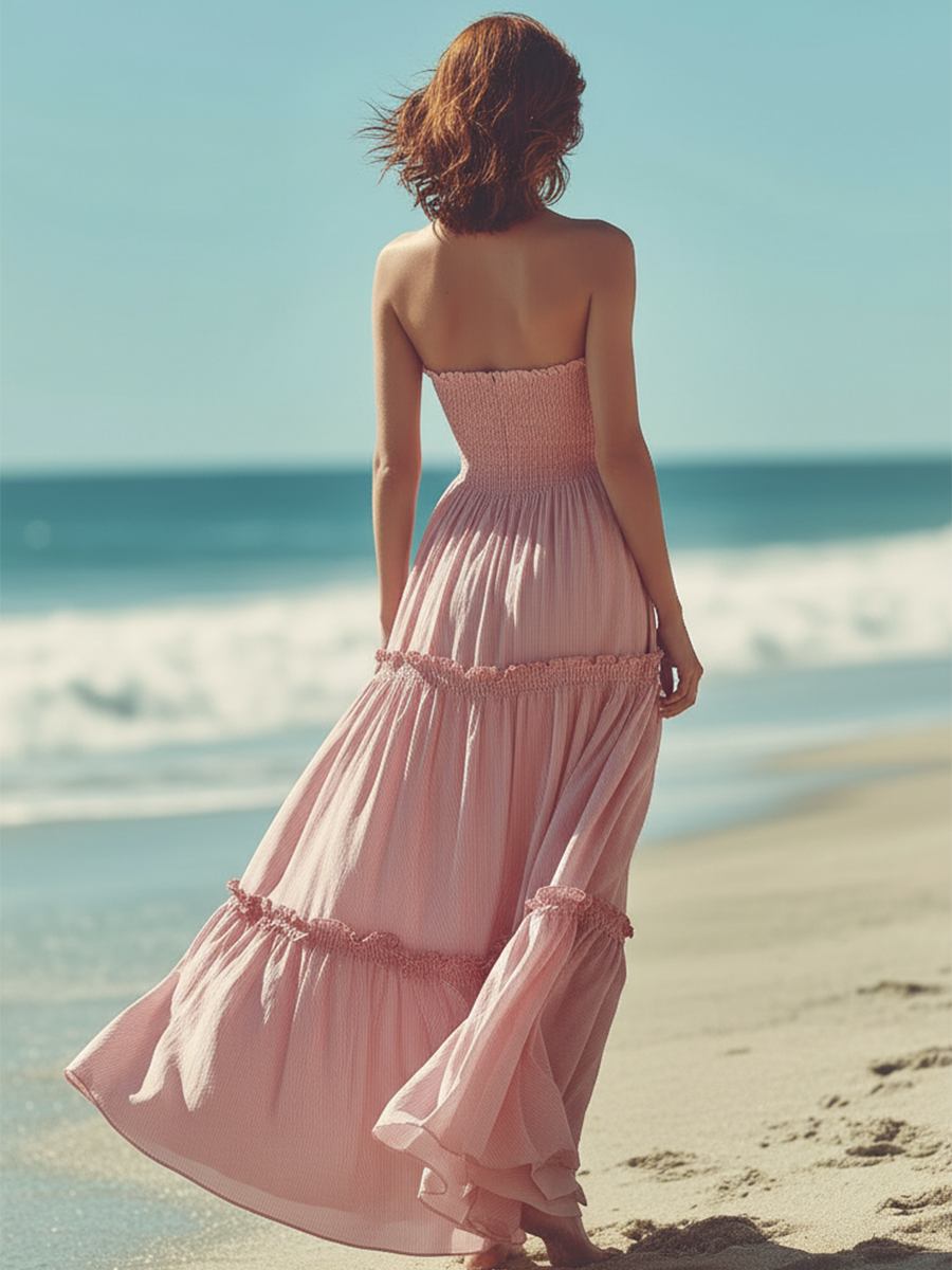Beach Resort Style Halter-neck Sleeveless Pink Cotton Maxi Dress