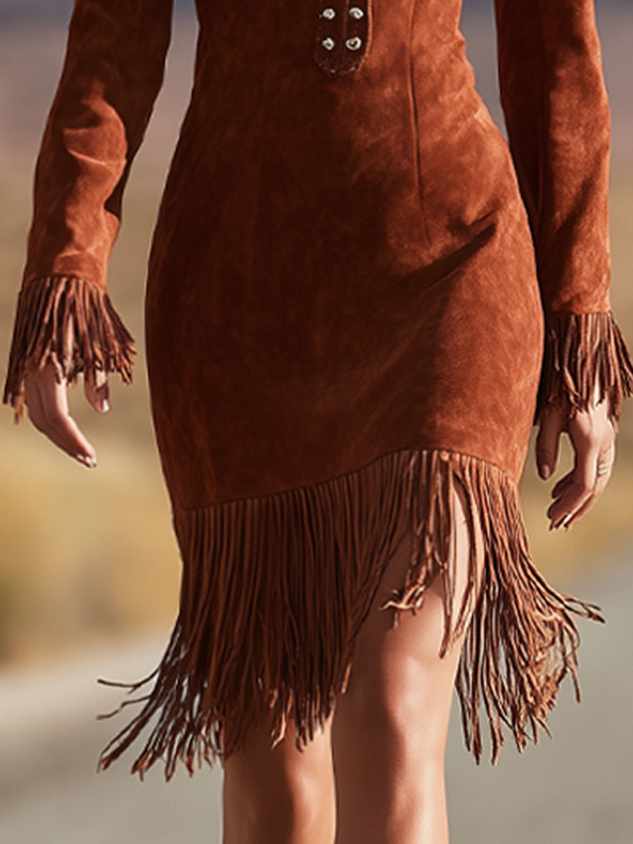 Western Retro Reddish Brown Suede Tassel Rivet V-Neck Mini Dress