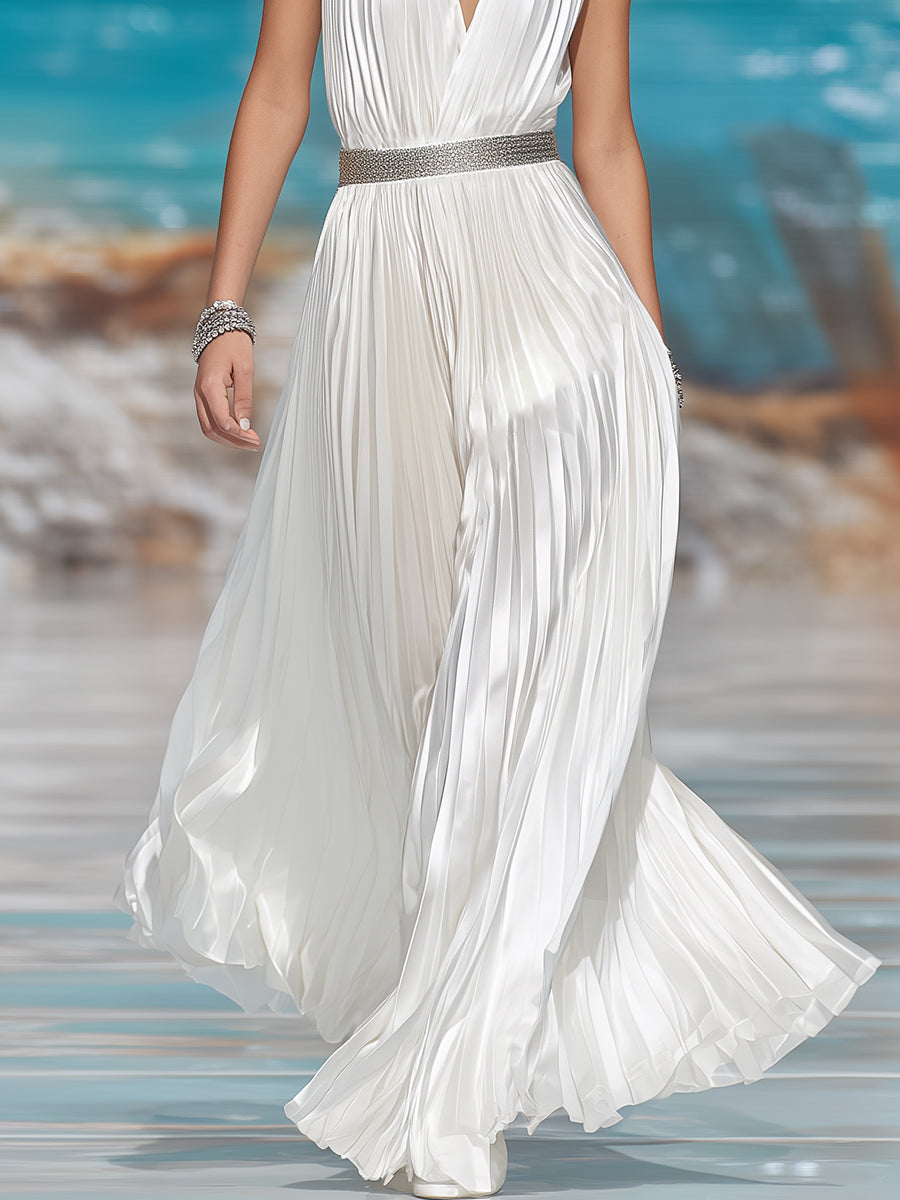 Luxury Resort White Pleated Satin V-Neck Rhinestone Belt Maxi Dress