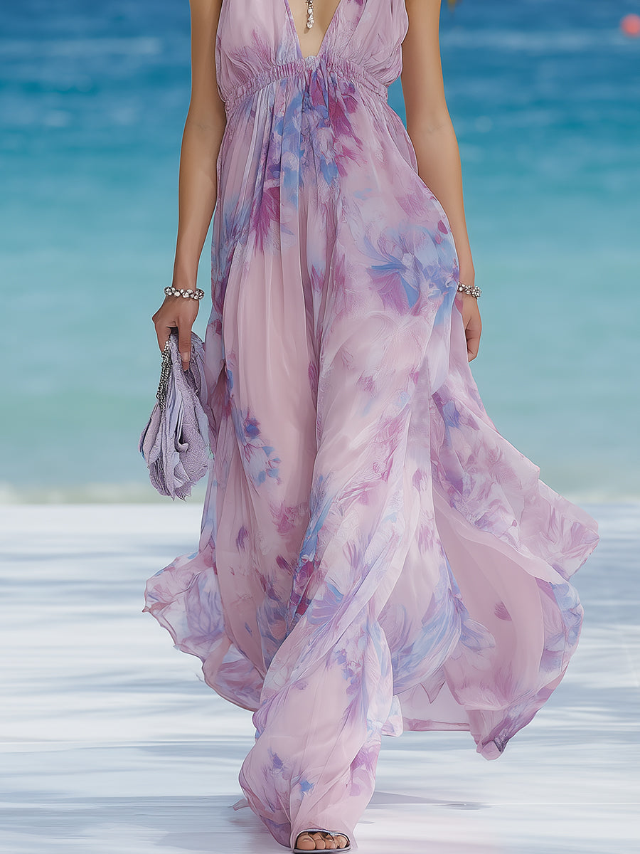 Luxury Resort Purple Floral Pink Chiffon V-neck Maxi Dress