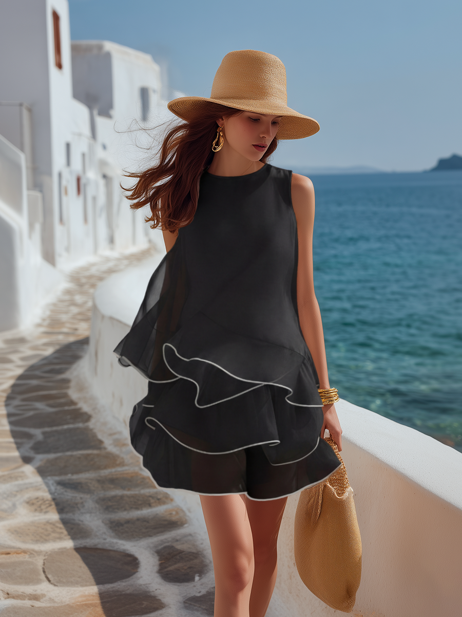 Simple And Elegant Black-trimmed Sleeveless Mesh Top And Skirt Set