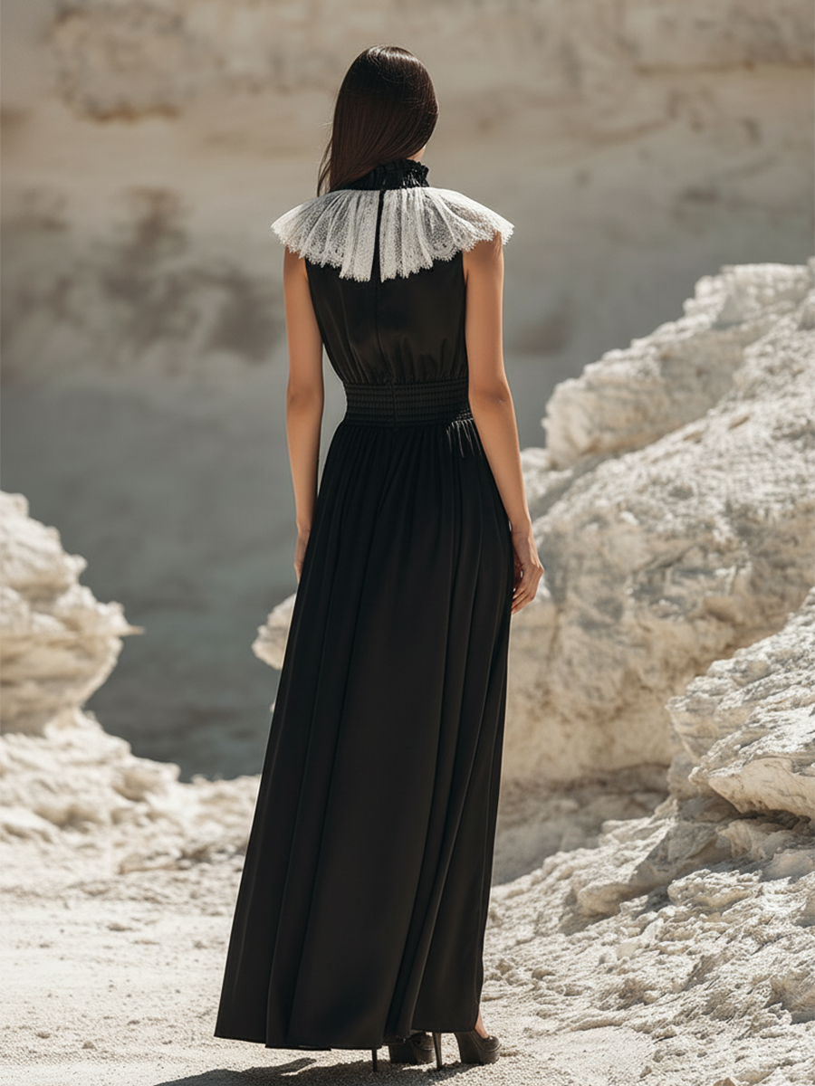 Elegant And Stylish White Lace-collared Black Satin Sleeveless Maxi Dress