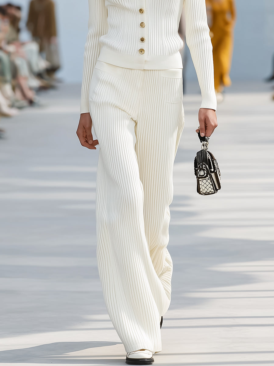 Simple Old Money Style Button Decoration Off-white Knitted Cardigan Trousers Set