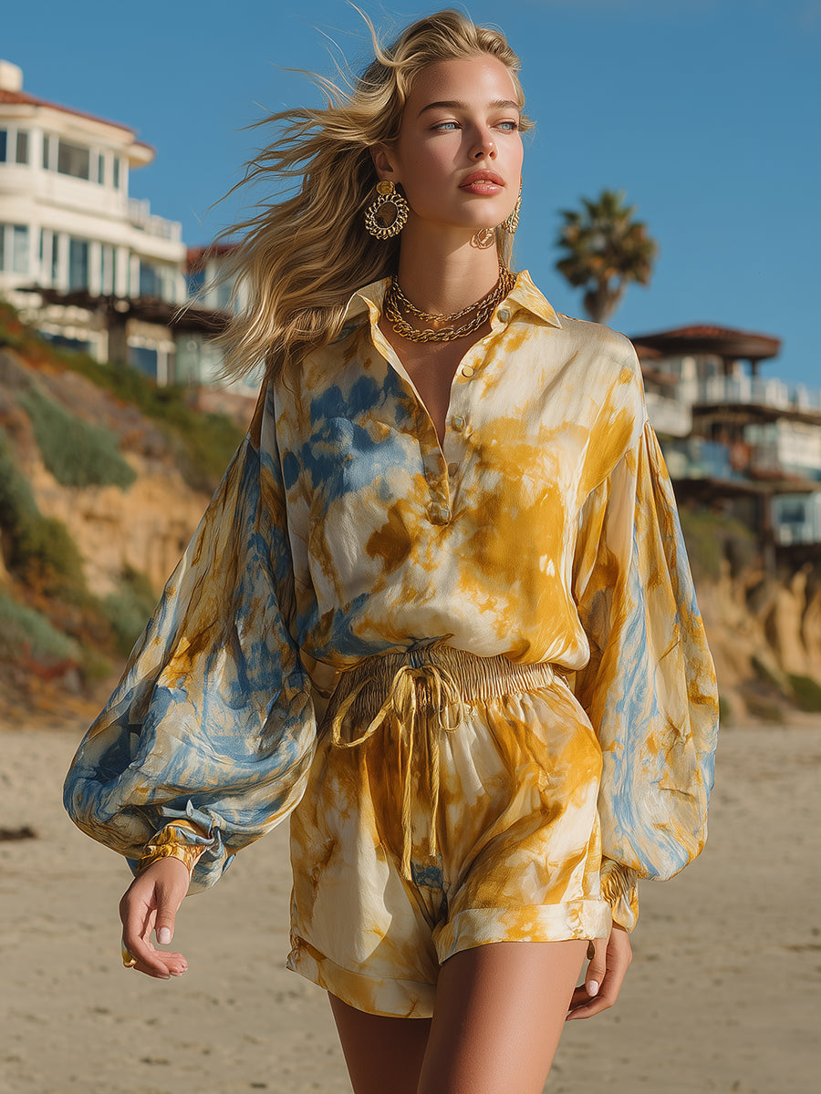 Bohemian Resort Mustard Yellow And Blue Tie-Dye Chiffon Shirt And Shorts Set