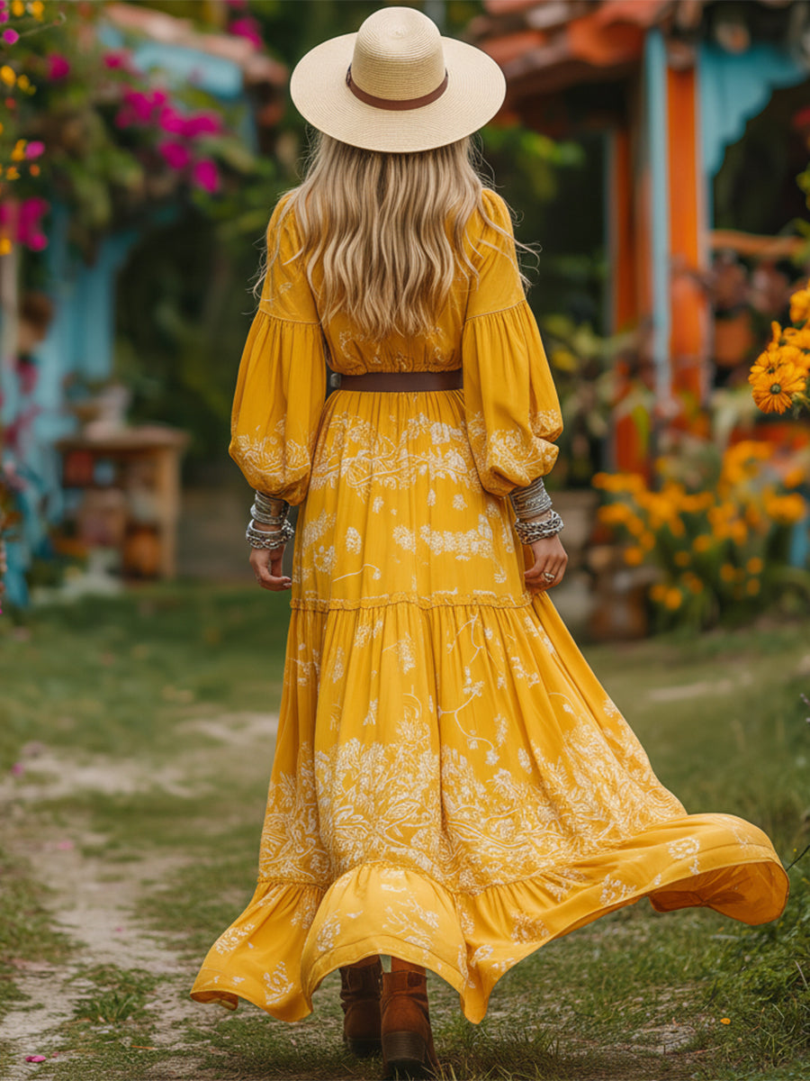 Vibrant Vacation V-neck Yellow Printed Long-sleeved Mini Dress