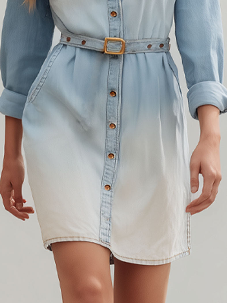 Classic And Fashionable Light Blue Washed Denim Gradient Shirt-Style Mini Dress
