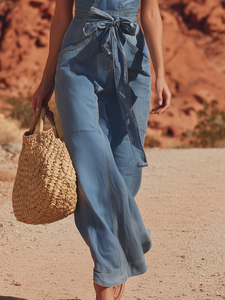 Bohemian Style Ruffled Details And Thin Straps Denim Sleeveless Maxi Dress