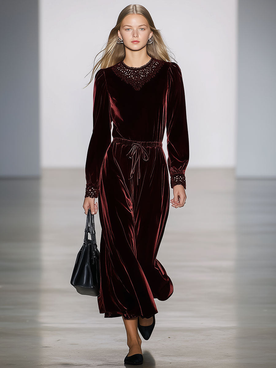 Elegant Retro Burgundy Velvet Lace Maxi Dress