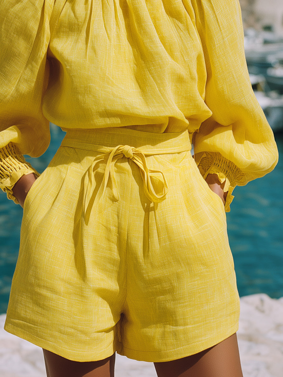 Romantic Bohemian Yellow Cotton Linen Top And Shorts Set