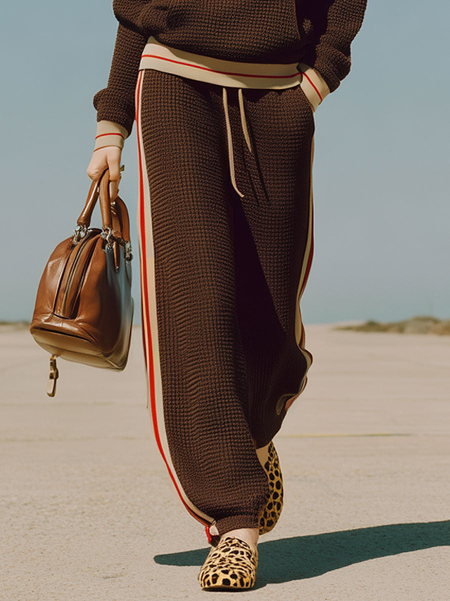 Vintage Long Sleeve Striped Trim Hooded Sweatshirt Cocoa Brown Waffle Set