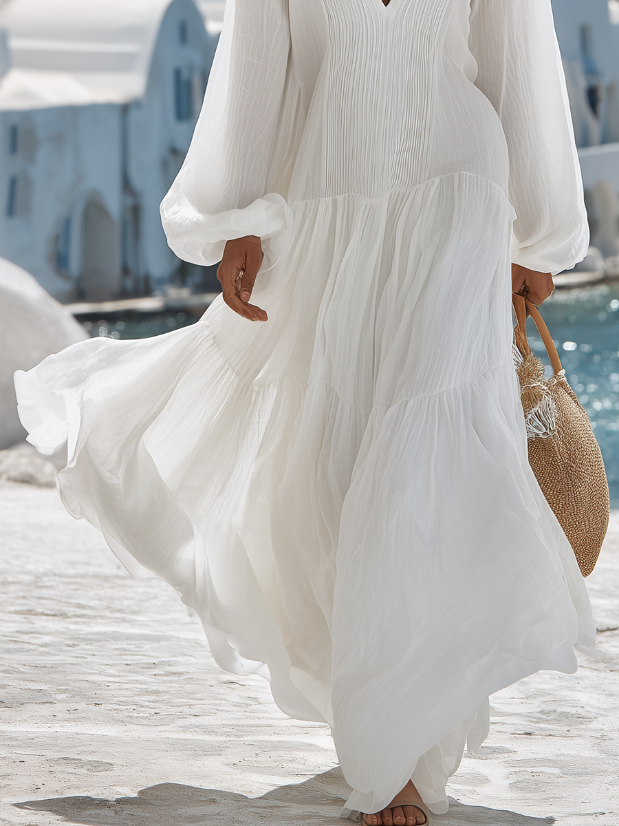 Romantic Vacation Style V-neck Pleated White Cotton Texture Maxi Dress