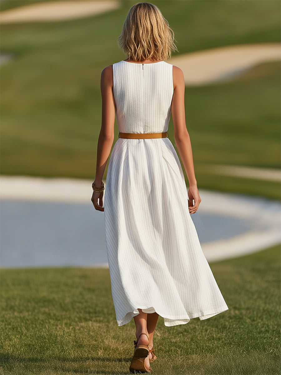 Elegant Resort-style Striped White Cotton V-neck Sleeveless Midi Dress