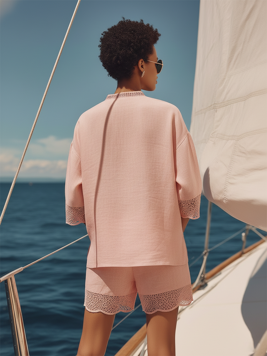 Casual Vacation Style Lace Trim Short-sleeved Cotton And Linen Shirt And Shorts Set