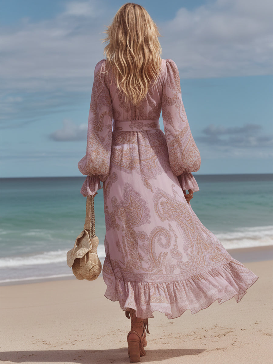 Bohemian Resort Style Light Pink Chiffon Floral Print Irregular Hem Maxi Dress