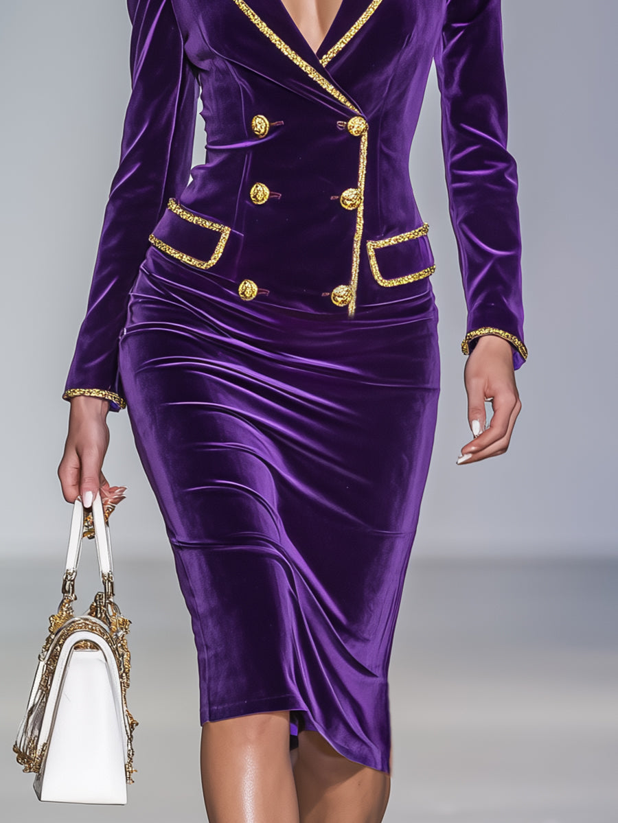 Gorgeous And Noble Gold-trimmed Double-breasted Purple Velvet Long-sleeved Midi Dress