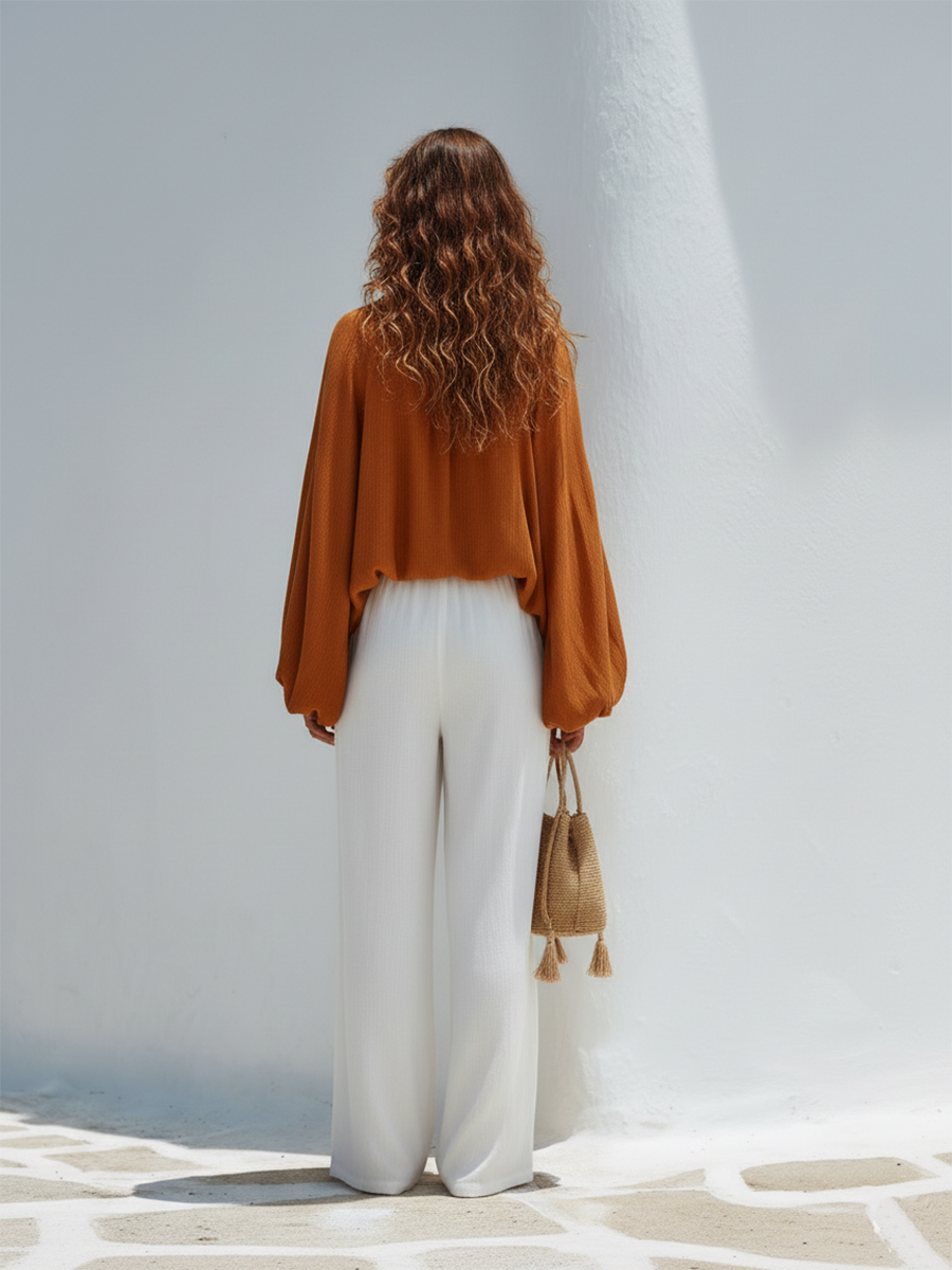 Resort Style V-Neck Embroidered Long-Sleeved Top