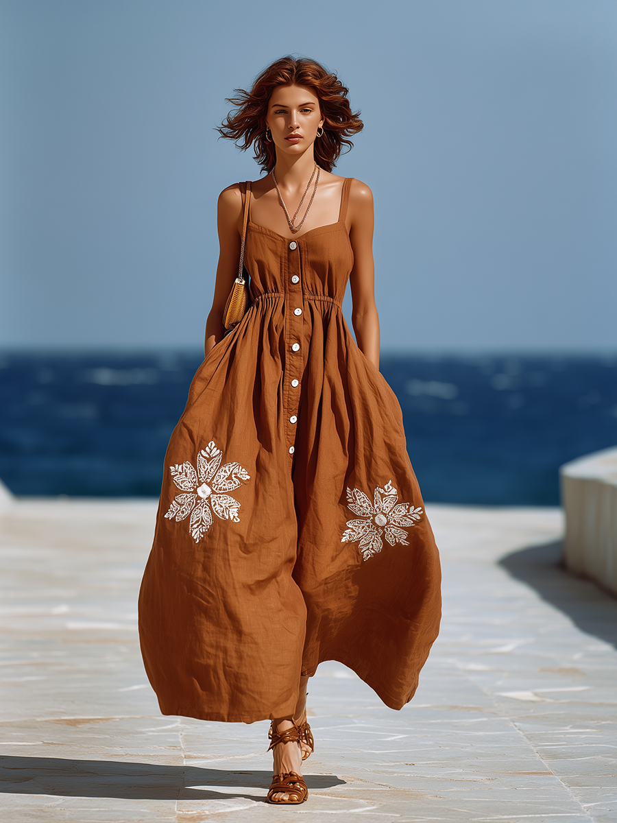 Bohemian Style Brown Strappy Embroidered Maxi Dress