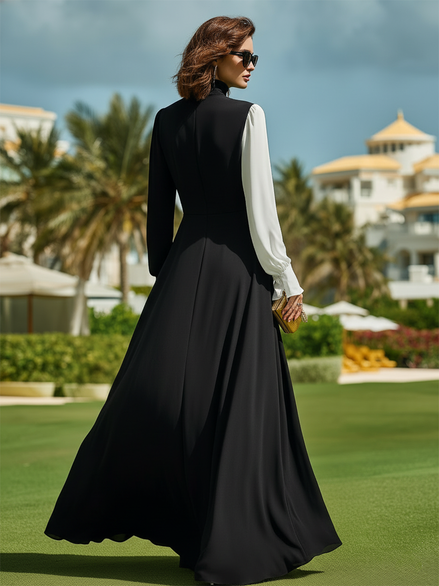 Vacation-style Black And White Patchwork Long-sleeved Maxi Dress