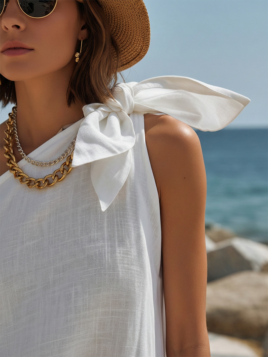 Simple Vacation-style White Cotton-linen Blend Tie-up One-shoulder Maxi Dress