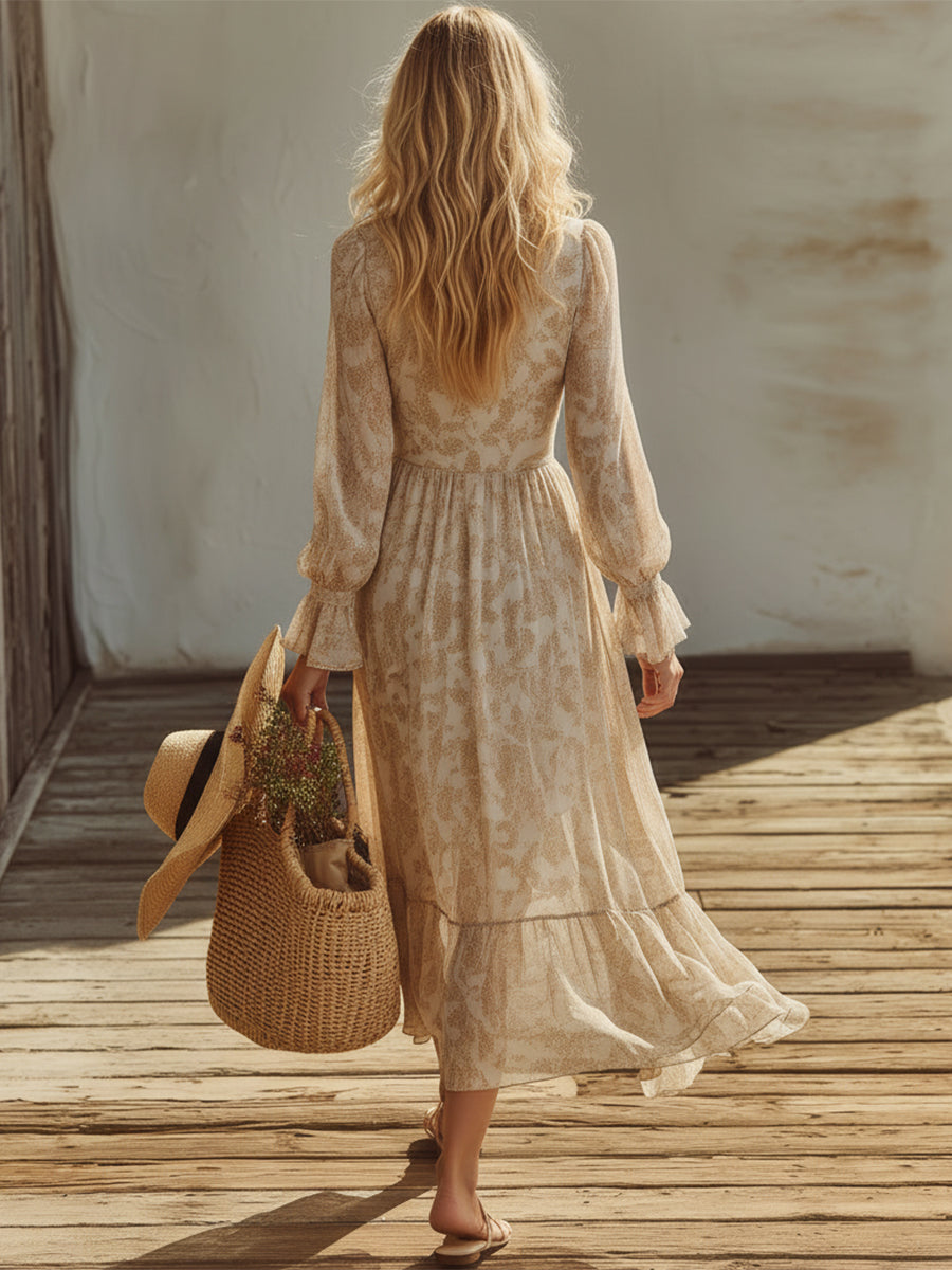 Bohemian V-neck Light Khaki Printed Maxi Dress