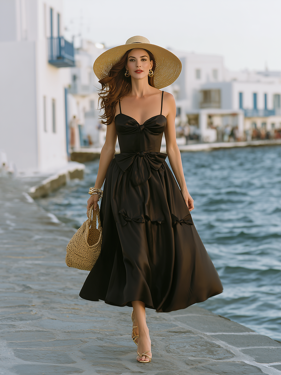 Classic And Elegant Thin Straps And Bow Black Satin A-line Midi Dress