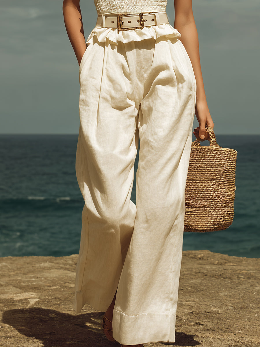 French Minimalist Off-white Cotton Linen Strapless Top And Wide-leg Pants Set