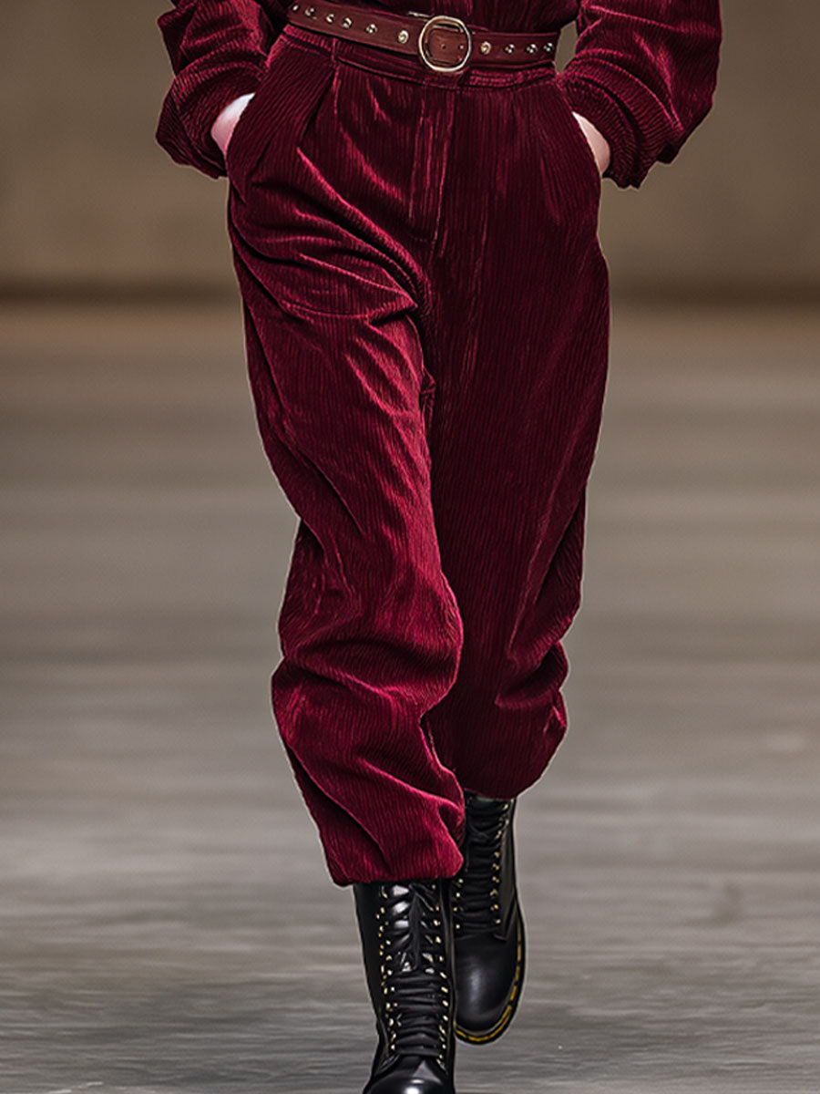 Retro Casual Burgundy Corduroy Lapel Long-Sleeved Jumpsuit