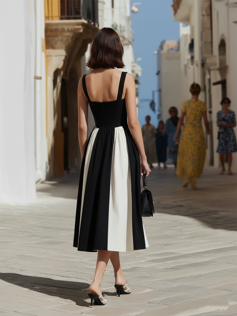 Vacation-style Cotton And Linen Color-block Off-the-shoulder Midi Dress