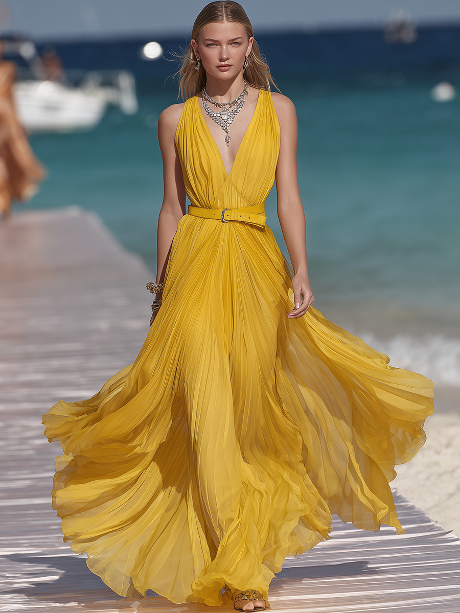 High-end Resort Yellow Chiffon Pleated V-neck Fitted Maxi Dress