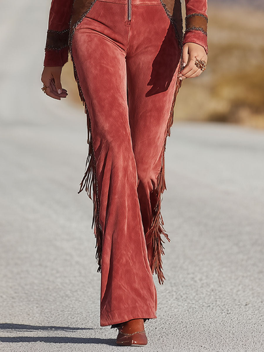 Western Retro Rose Red And Brown Suede Tassel Lapel Long-sleeved Jumpsuit