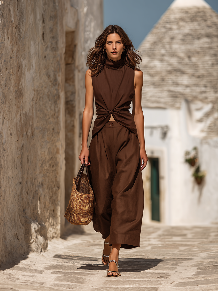 Vacation-style Brown Cotton Sleeveless Top And Trousers Set