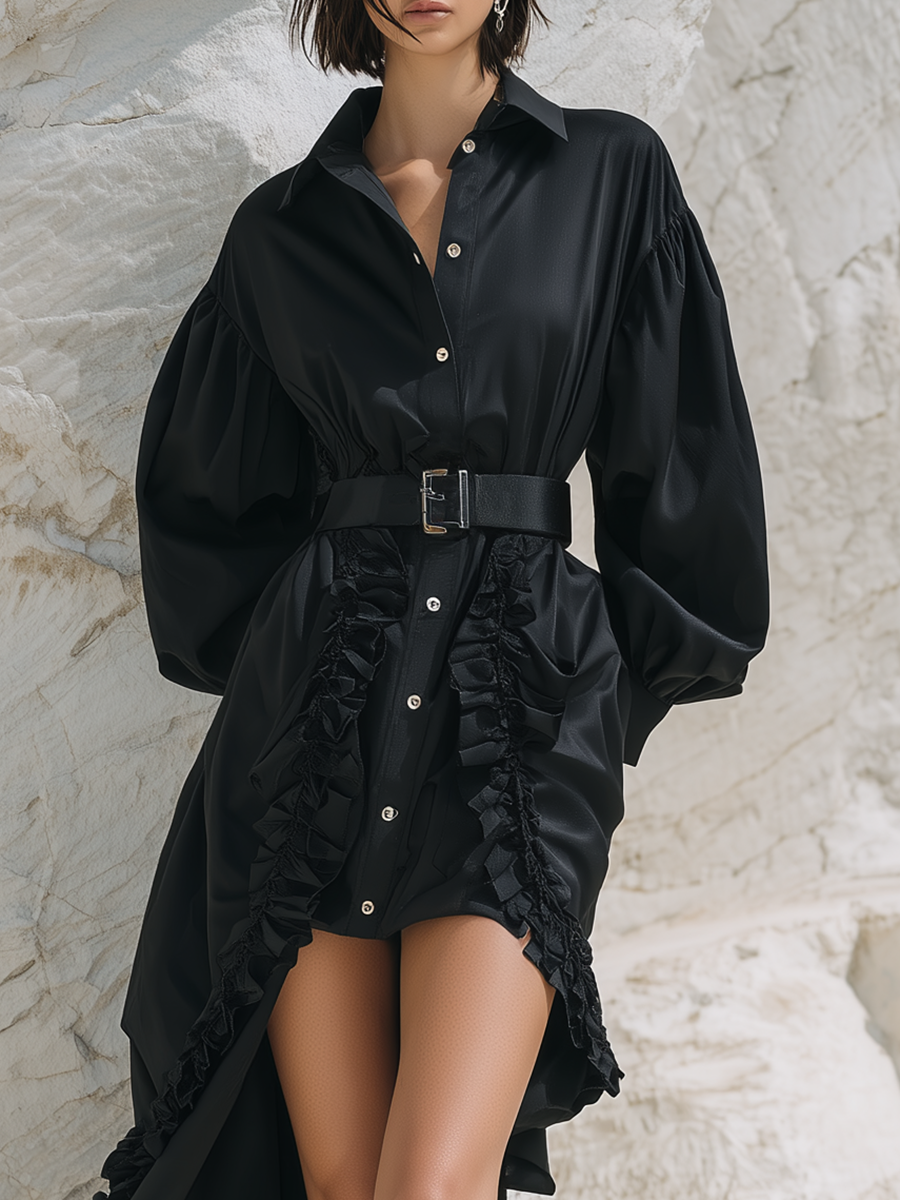 Premium Ruffled Irregular Hem Black Satin Maxi Dress