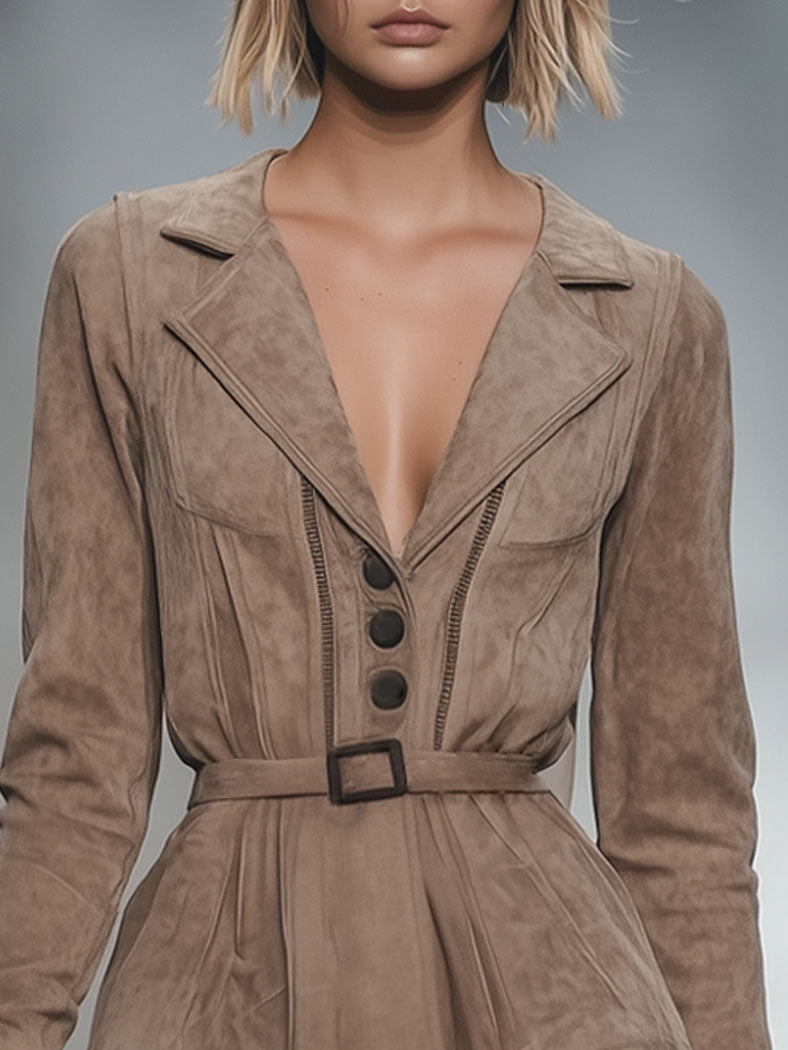 Retro Fashion Light Brown Faux Suede Stitching Lace Waist Long-Sleeved Mini Dress