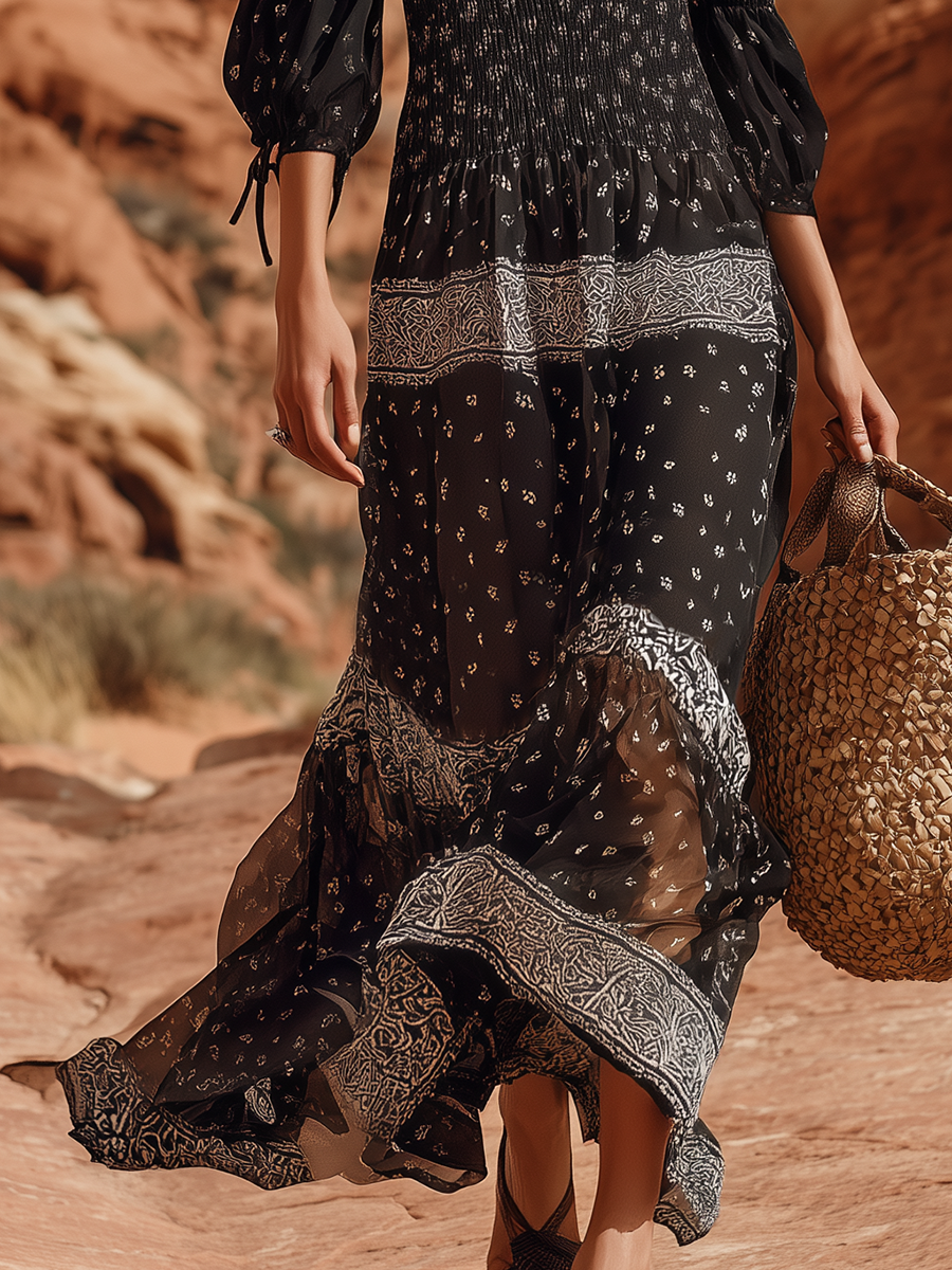 Romantic Vacation Style Short-sleeved Thin-strapped Black Floral Chiffon Maxi Dress