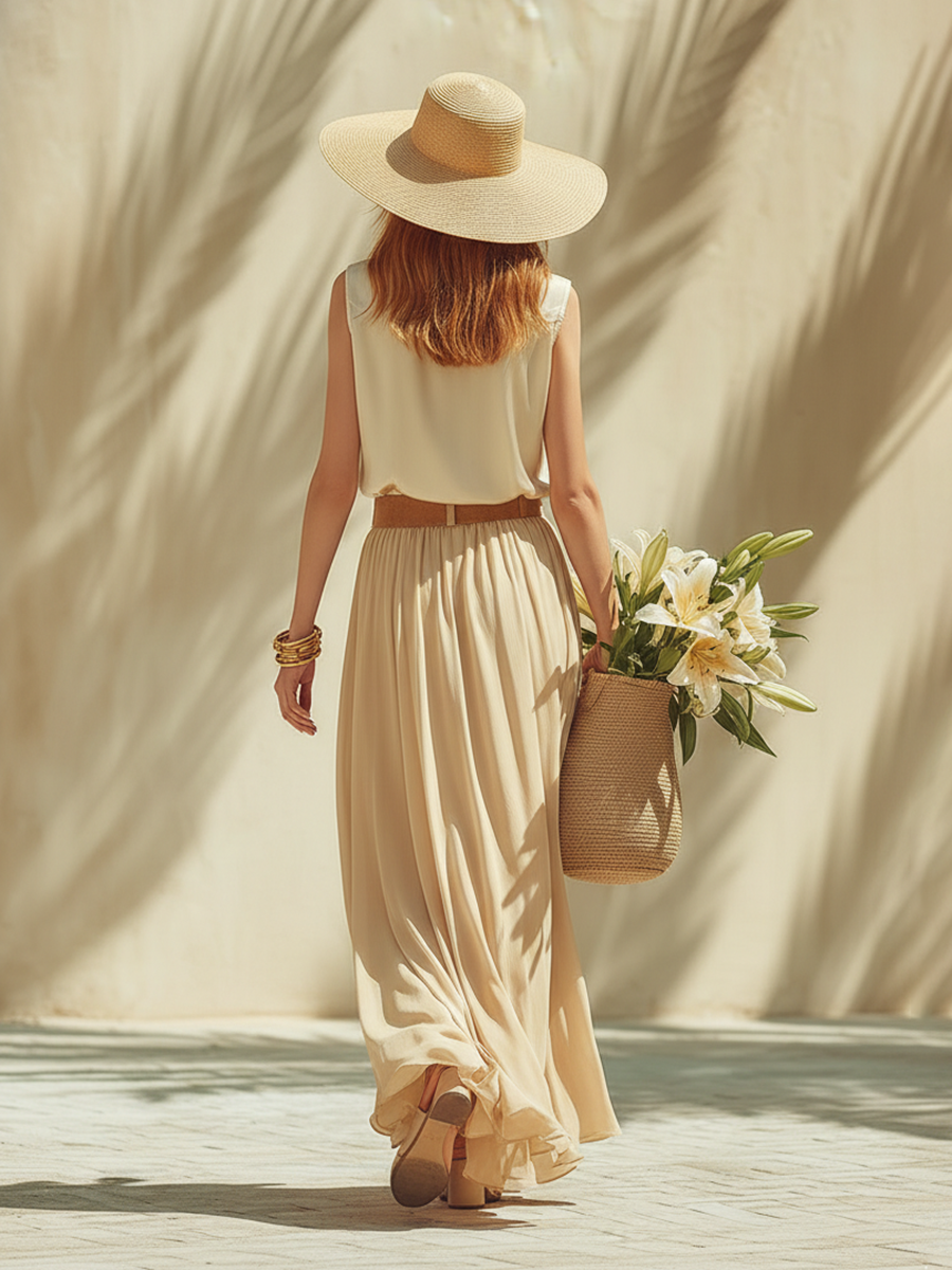 Elegant Vacation Off-white Sleeveless Satin Shirt And Sheer Skirt Set