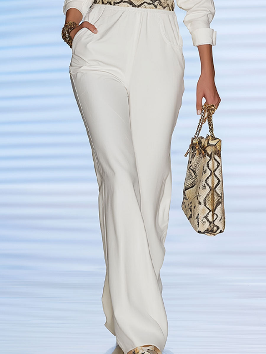 Fashion Retro White Lapel Snakeskin Print Long-Sleeved Jumpsuit